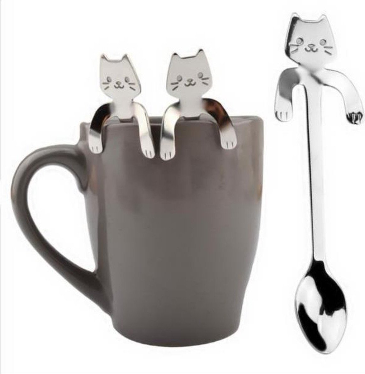 *** 2 Stuks Theelepel – Hangende kat – Koffielepel – Cadeau – Katten – RVS – Zilverkleurig - van Heble® ***
