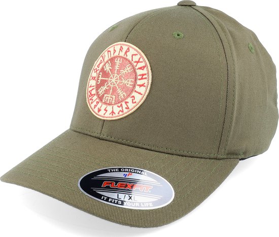 Hatstore- Vegvísir Rungalder Patch Olive Green Flexfit - Vikings Cap