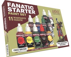 The Army Painter Warpaints Fanatic: Starter Set, 11 verven: 7 acrylkleuren, 2 Metallics, 1 Wash, 1 Primer voor opzetten met penseel, 1 Gratis miniatuurfiguur en Starterspenseel