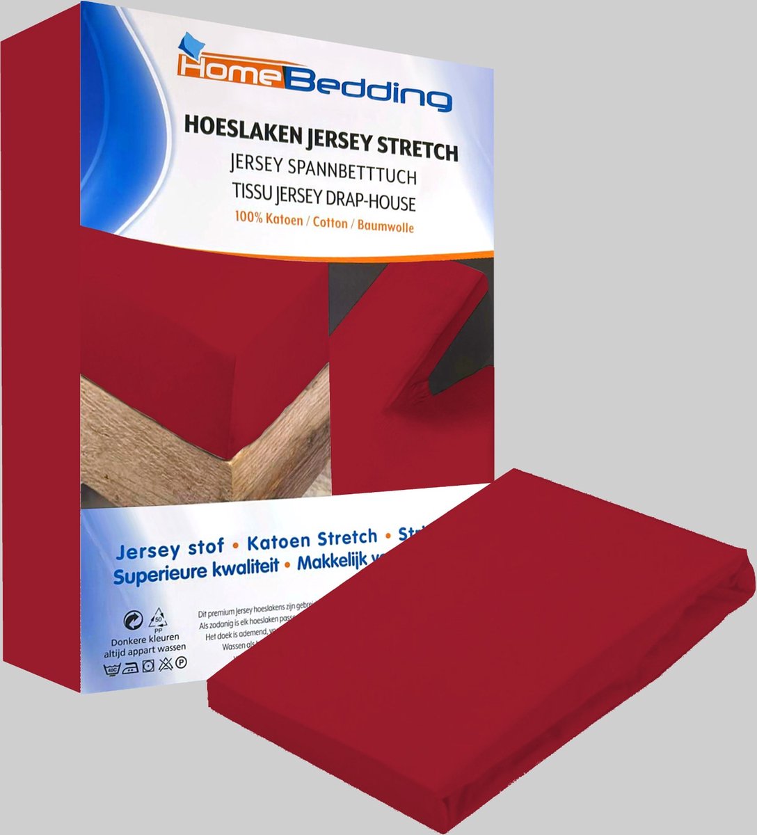Premium hoeslaken-jersey-100% katoen -stretch-Lits-jumeaux-200x200 +40cm-Hoekhoogte- geschikt voor boxspring- -Rood
