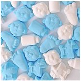 500 gram geboorte-snoepjes blauw-wit schuimpjes voor babyshower gender-reveal of geboortefeestje