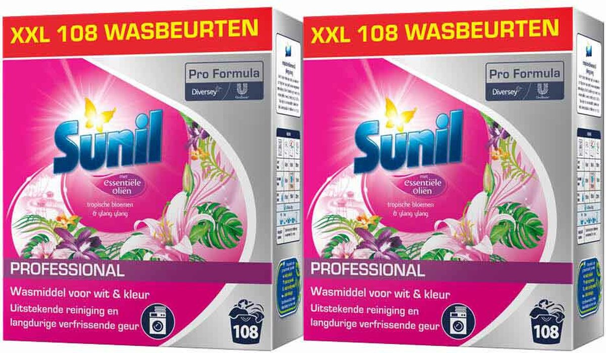 2x Sunil Professional Wasmiddel Poeder Tropische Bloemen & Ylang Ylang - 108 Wasbeurten Pro Formula 7,56 kg