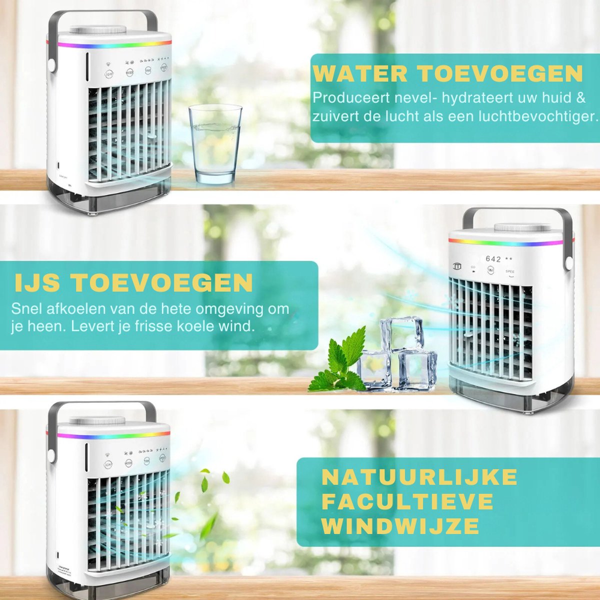 Mobiele airco zonder Slang & Afvoer- 3-in-1 - 4 Snelheden - Mini Ventilateur - Draagbare Aircooler - LED Verlichting- Aircoventilatoren - Voor Slaapkamer & Woonkamer - Wit – foto 5