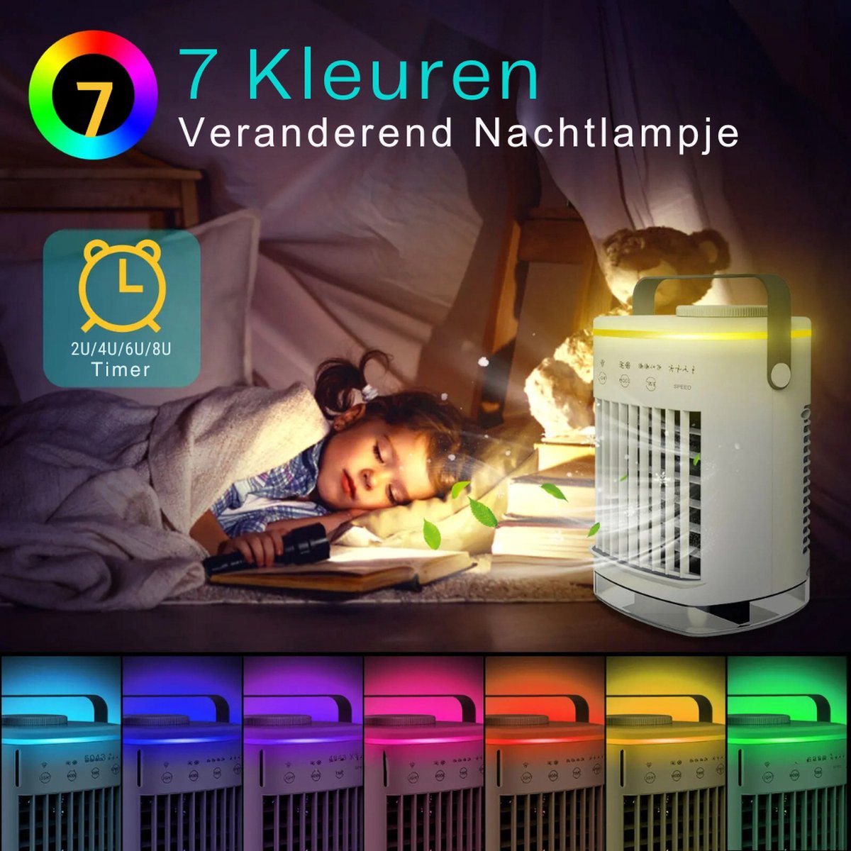 Mobiele airco zonder Slang & Afvoer- 3-in-1 - 4 Snelheden - Mini Ventilateur - Draagbare Aircooler - LED Verlichting- Aircoventilatoren - Voor Slaapkamer & Woonkamer - Wit – foto 6