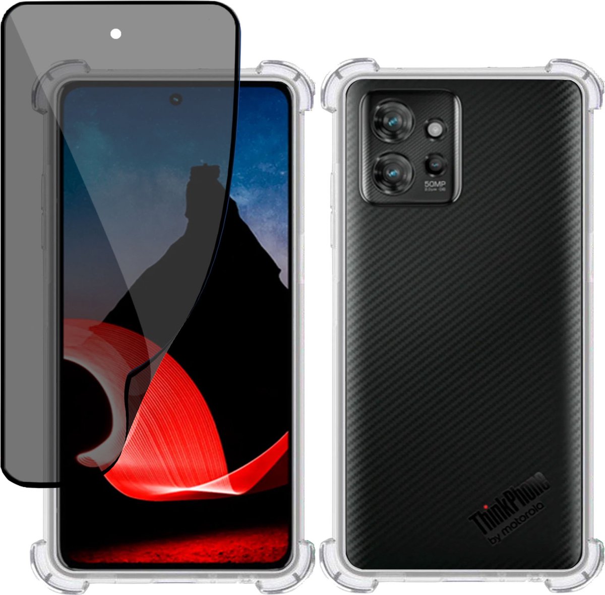 Hoesje + Privé Screenprotector geschikt voor Motorola ThinkPhone – Privacy Tempered Glass - Case Transparant