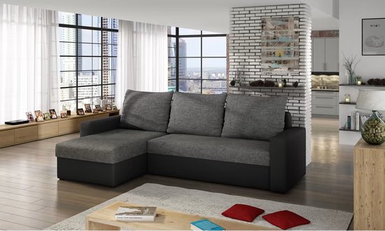 Canapé d'angle Livio avec fonction couchage - canapé d'angle rabattable - 3 places - 237 x 150 cm - universel - noir et gris - Maxi Maja