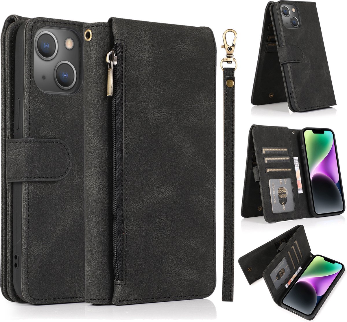 Hoesje geschikt voor iPhone 12 - Bookcase - Pasjeshouder - Portemonnee - Rits - Kunstleer - Zwart