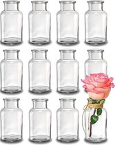 SHOP YOLO-Vazen glas transparant-12 Mini glazen vaasjes - 12,5 cm hoog - Inclusief jute koord - Vintage design - Fantastische bruiloft decoratie