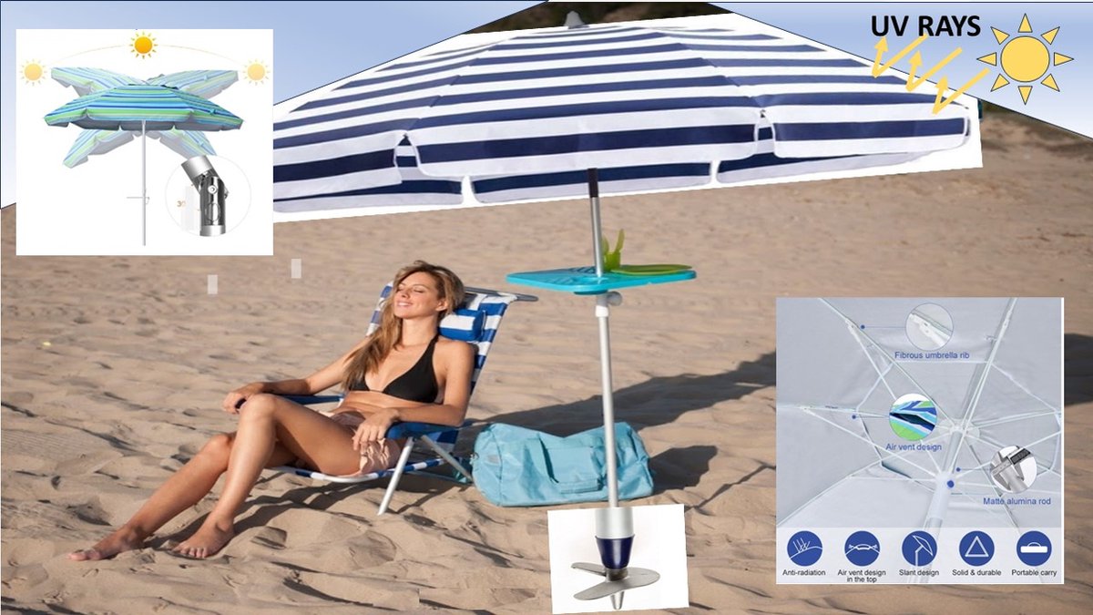 Bol.com Pincho - LUXE ALUMINIUM STRANDPARASOL 200 cm & LANGE ZANDBOOR (Grondboor) - Blauw Wit Gestreept- Verstelbaar & Kantelbaa... aanbieding