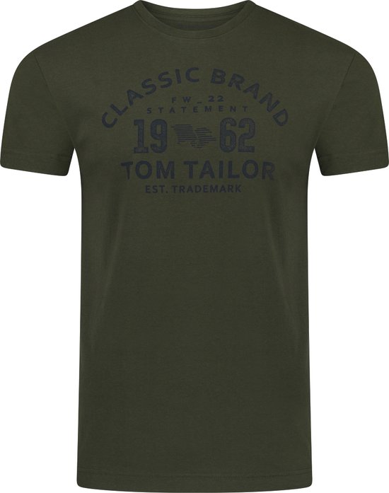 Olijfgroen T-shirt met tekstprint 'CLASSIC BRAND FW 22 STATEMENT 19 62 TOM TAILOR EST. TRADEMARK'.