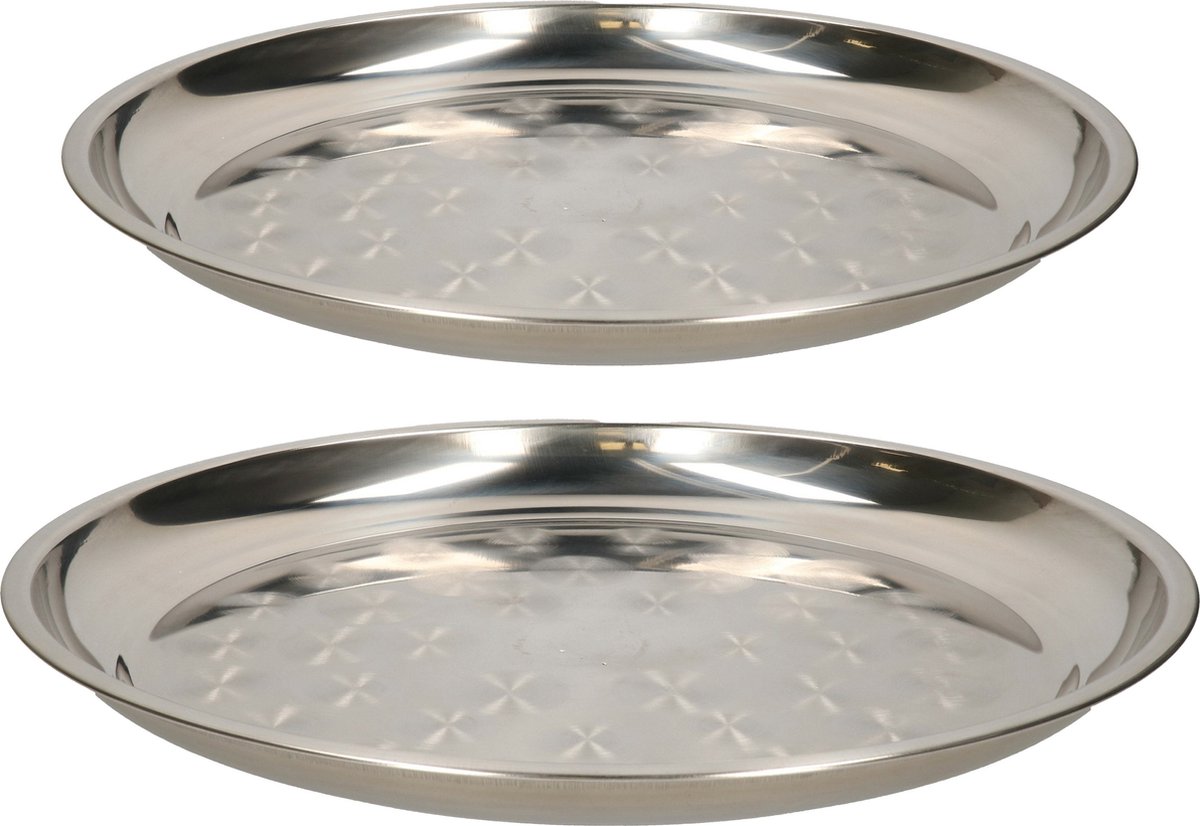 B-Home serveerschalen set - 2x stuks - rond - zilver - rvs - dia 40 en 50 cm - voedsel serveren