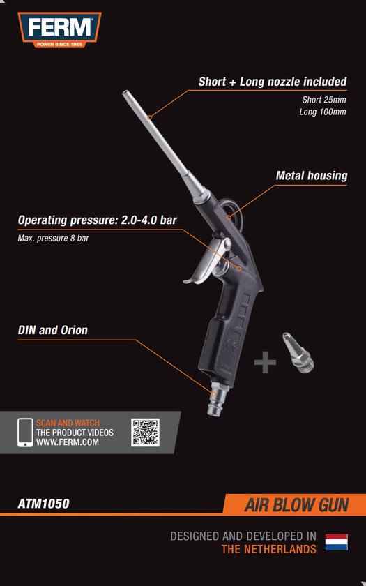 FERM - ATM1050 - Blaaspistool - Inclusief - Lang - kort - Mondstuk - Aansluiting - DIN - Orion - Werkdruk 2 - 4 - bar - Behuizing - Metaal