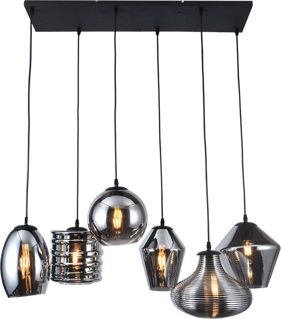 Olucia Lika - Design Hanglamp - 6L - Glas/Metaal - Grijs;Zwart - Rechthoek