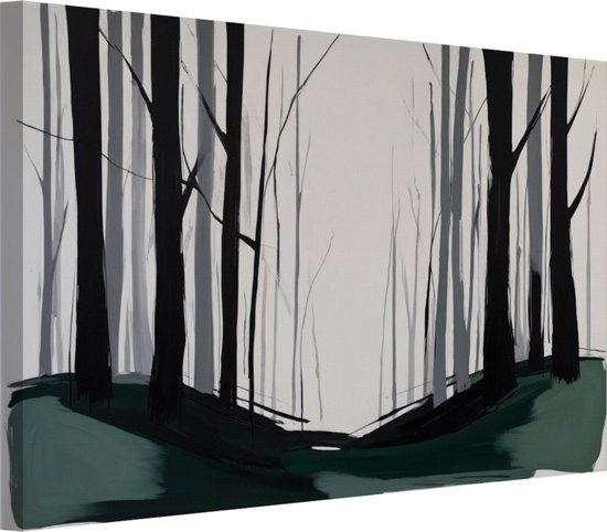 Bos abstract met groen en zwart wanddecoratie - Bomen schilderij - Canvas schilderij Natuur - Muurdecoratie industrieel - Canvas - Kunstwerk 60x40 cm