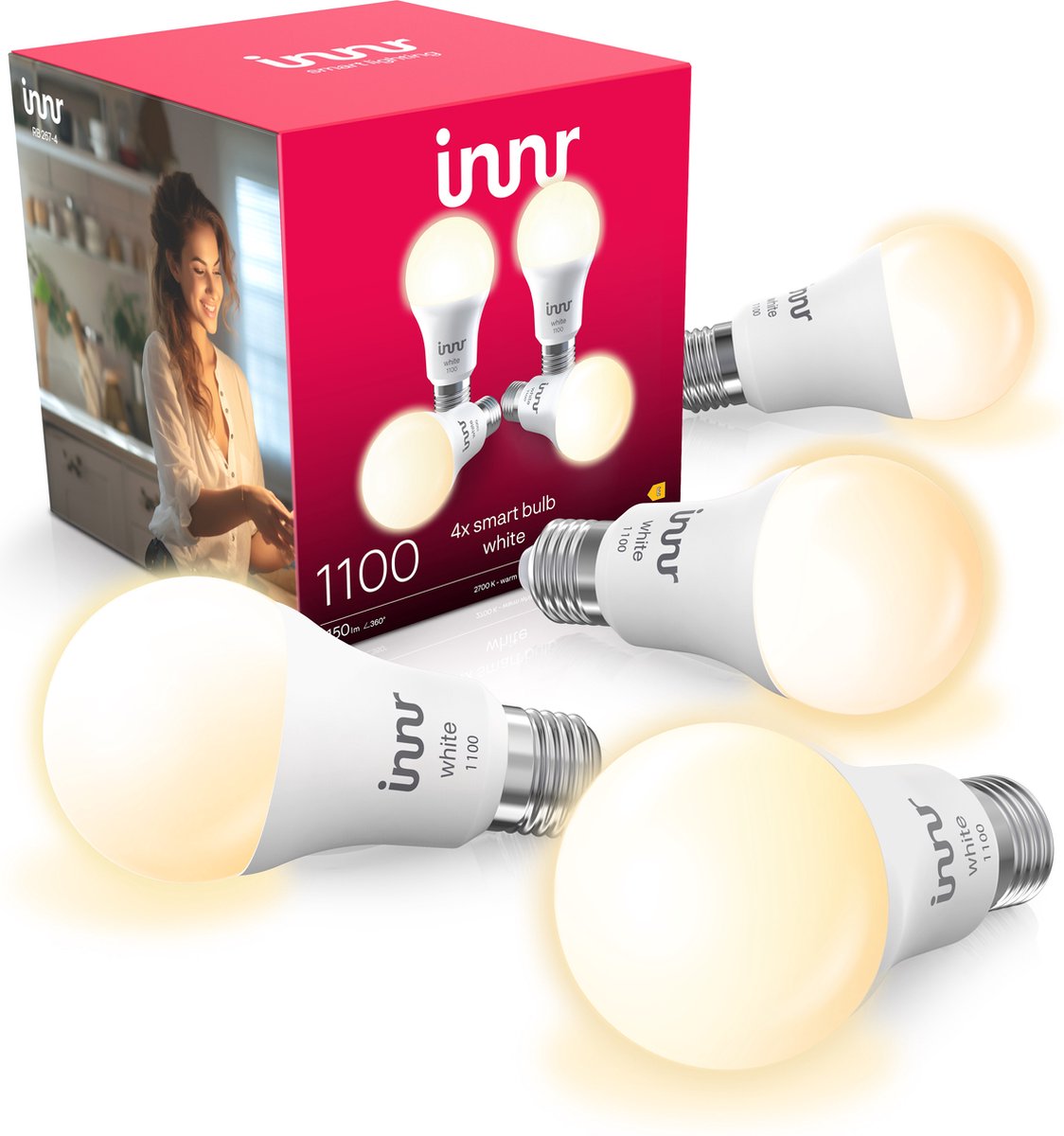 Innr smart E27 LED lamp - geschikt voor Philips Hue - Zigbee bulb - warmwit licht - slimme lamp - dimbaar - 1150 lumen - 4 pack