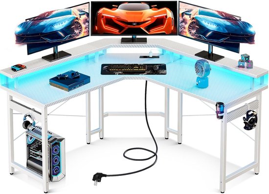 Gaming Tafel met Stopcontacten en USB Oplaadaansluitingen - Hoekbureau voor Ultieme Gamingervaring - Wit, 129 x 129 cm