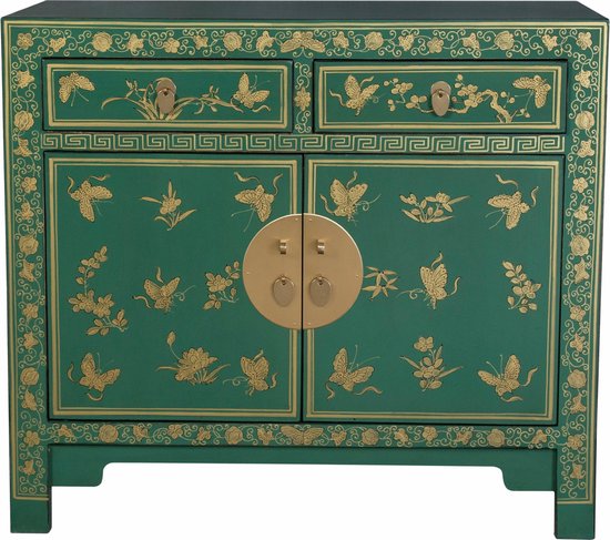 Fine Asianliving Chinese Kast Teal Vlinders Handbeschilderd - Orientique Collectie B90xD40xH80cm Chinese Meubels Oosterse Kast