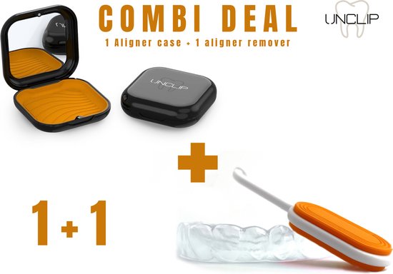 Foto: Unclip combi deal aligner remover aligner case bakje invisalign nachtbeugel knarsbitje haakje beugelbakje splint zwart oranje