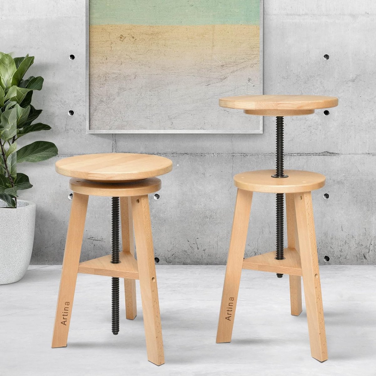 Verstelbare Houten Schilderstoel Ø 30 cm – Robuuste Beukenhouten Kruk – 360° Rotatieschilderstoel – Ideaal voor Studio en Werkplaats