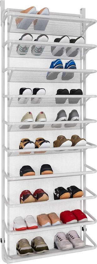 Schoenenrek over de deur met 10 niveaus hangende schoenenkast - metalen schoenenorganizer voor eetkamer - mat wit - 55 x 195 x 159 cm