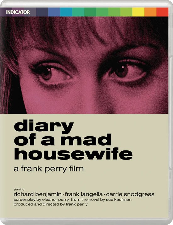 Filmcover 'Diary of a mad housewife' met close-up van een vrouwengezicht en titel.