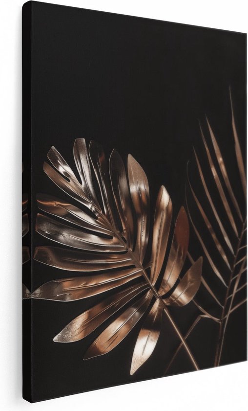 Artaza Canvas Schilderij Twee Palmbladeren op een Zwarte Achtergrond - Foto Op Canvas - Canvas Print