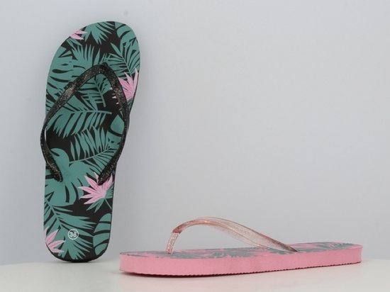 Slipper voor dames - zwart met groen/roze tekening - ideale bad / strand slipper - maat 38