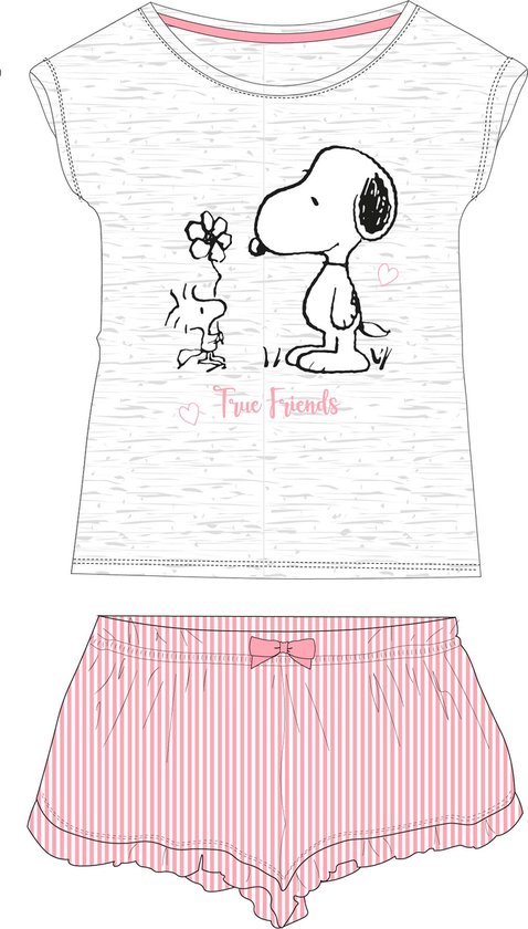 Snoopy shortama/pyjama true friends katoen licht grijs/roze maat 140