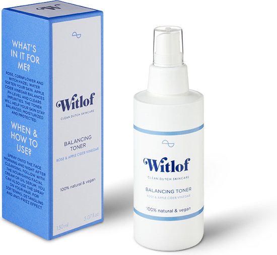 Witlof Balancing Toner fles met sproeikop en doosje. Tekst op doosje: 'What's in it for me?'