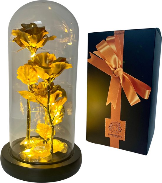 Rose dorée dans cloche en verre avec LED - Cadeau romantique - Cadeau fête des mères - Cadeau Saint Valentin - L'original - Cadeau pour femme, petite amie, elle - Mariage - Lumière d'ambiance - Fond noir - Moins de consommation