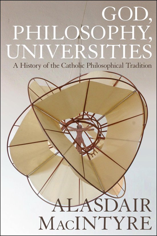 Boekomslag 'God, Philosophy, Universities' met een sculptuur van een mens in een spiraal.