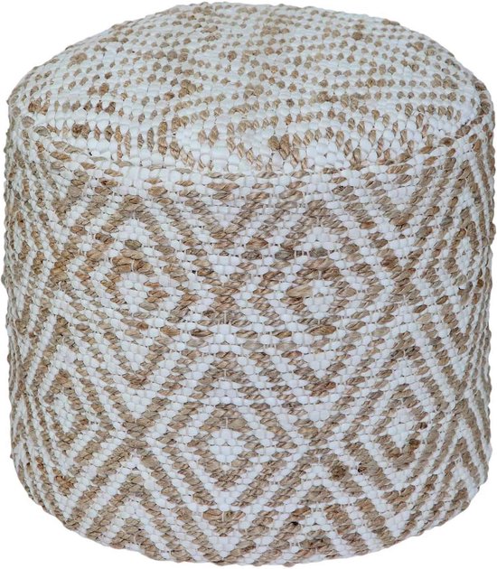 Handgeweven Chindi zitpoef - zitkussen met geometrisch patroon, diamant, hennep, beige - wit, sierra, 45 x 40 cm