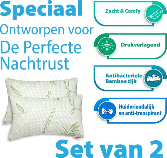 Promotieafbeelding met twee witte kussens met bamboe print. Tekst: 'Speciaal Ontworpen voor De Perfecte Nachtrust', 'Zacht & Comfy', 'Drukverlagend', 'Antibactériële Bamboo tijk', 'Huidvriendelijk en anti-transpirant', 'Set van 2'.