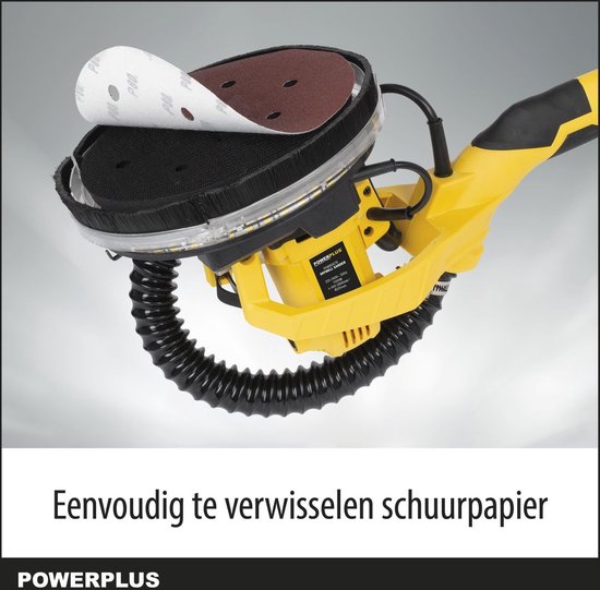 Gele schuurmachine met schuurschijf en een vel schuurpapier dat wordt vastgehouden.