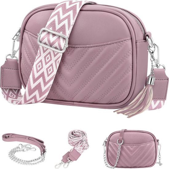 Crossbody tas voor dames - Oud roze - 22 x 16 x 5 cm - Met 2 verschillende schouderriemen en sleutelhanger - Schoudertas voor vrouwen - Verstelbare aztec schouderband - Handtas met ritsen - Waterbestendig - Zilveren hardware - Telefoontas