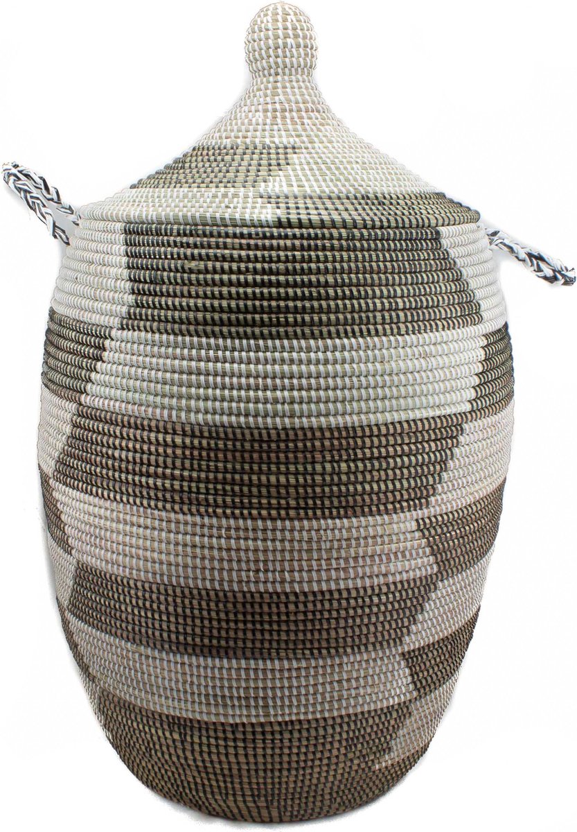 Opbergmand - rieten mand traditionele vorm H50/ 70 cm - olifantengras - zwart-wit