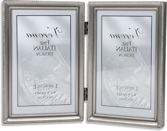 Antiek tinnen 4x6 scharnierend dubbele fotolijst - kraal grens ontwerp met glazen voorkant Fotolijsten