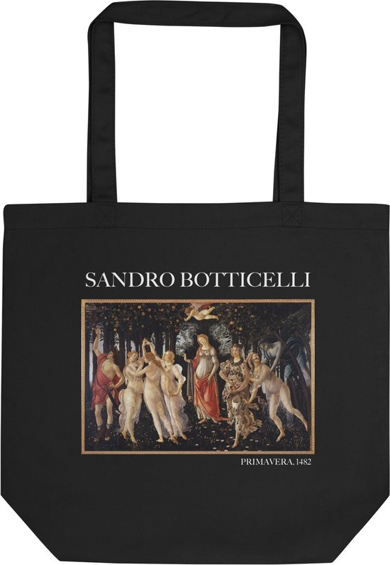 Sandro Botticelli 'Primavera' ("Primavera") Beroemde Schilderij Tote Bag | 100% Katoenen Tas | Kunst Tote Bag | Zwart