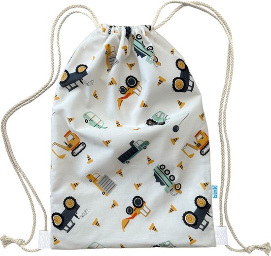 BINK Bedding Gym-/Zwemtas Bram 40 x 28 cm voorzien van sluitkoord - auto's - vrachtwagen - kiepwagen - tractor - werkvoertuigen - mintgroen - ecru - oranje - geel - grijs - tweezijdig - katoen - jongens - rugzak - peuter - kleuter