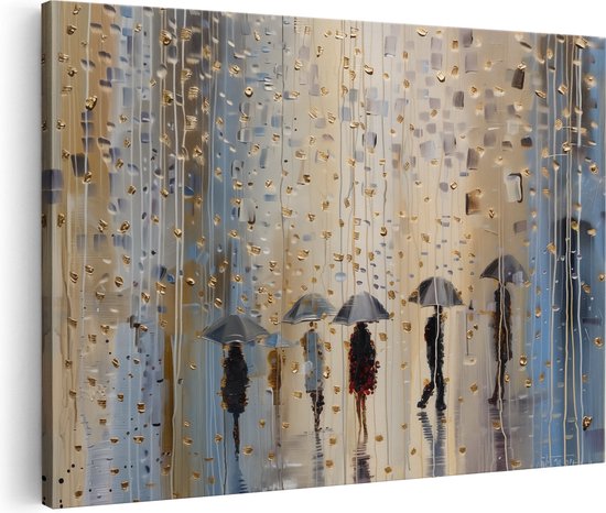 Artaza Canvas Schilderij Mensen die met Paraplu's in de Regen Lopen - 30x20 - Klein - Foto Op Canvas - Canvas Print