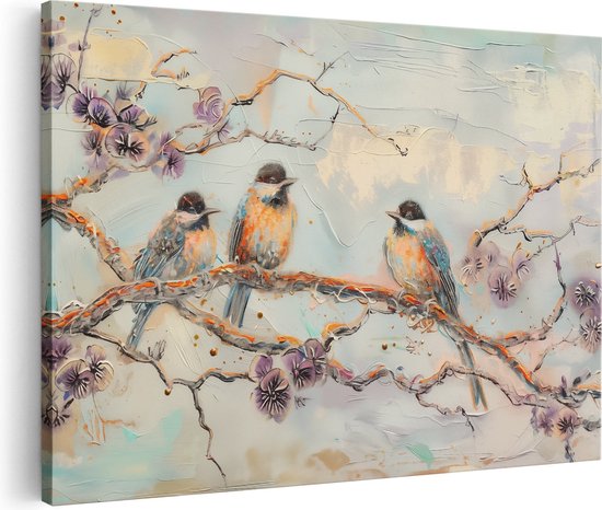 Artaza Canvas Schilderij Drie Vogels Zittend op een Tak - 30x20 - Klein - Foto Op Canvas - Canvas Print