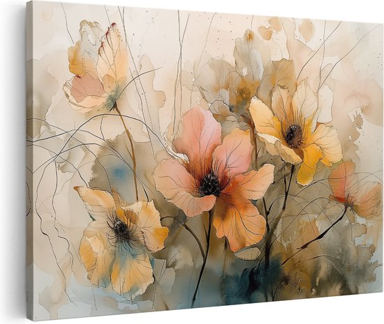 Artaza Canvas Schilderij Aquarelkunstwerk van Bloemen - Foto Op Canvas - Canvas Print
