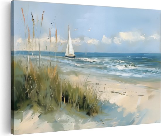 Peinture d'un voilier sur l'océan, vue depuis la plage avec de l'herbe de dune.