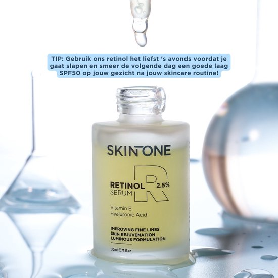 SKINTONE Retinol Serum 2,5% met vitamine E en hyaluronzuur. Verbetert fijne lijntjes, verjongt, voor een stralende huid.