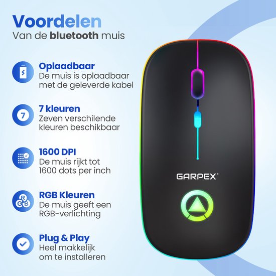 Garpex® Stille Draadloze Muis - Gaming muis - Computermuis - Muis Draadloos - Met LED Verlichting - Oplaadbaar - Zwart