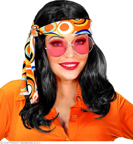 Widmann - Hippie Kostuum - 70sdisco Pruik Met Hoofdband Zwart - Oranje, Zwart - Carnavalskleding - Verkleedkleding