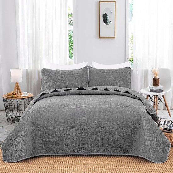 Couvre-lit 200 x 220 cm - Couverture grise en microfibre - Couette  matelassée pour lit