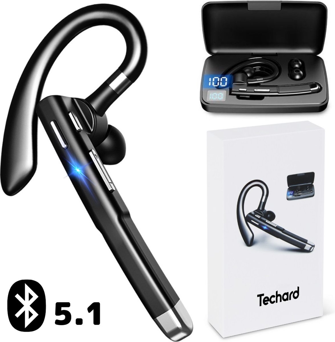 Techard Draadloze Headset Met Microfoon Bluetooth Headset Met Noise Canceling Handsfree Bellen Met Bluetooth 5.1 - Inclusief Oplaadcase