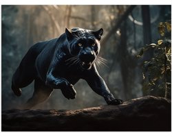 Poster Glanzend – Zwarte panter rent door bos heen - 40x30 cm Foto op Posterpapier met Glanzende Afwerking