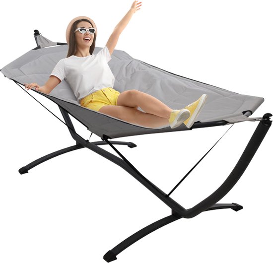 Cheqo® Luxe Hangmat met Standaard - Hammock - Extra Stevig - 260 x 98 x 90 cm - Grijze Polyester Hangmat - Metalen Frame - Draagvermogen 120 kg - Geschikt voor Binnen en Buiten - Ontspan in Stijl